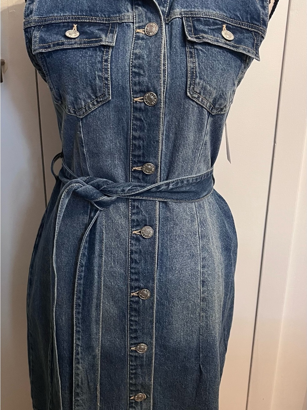 Love Tree Indigo Denim Button-Front Dress with Self Tie